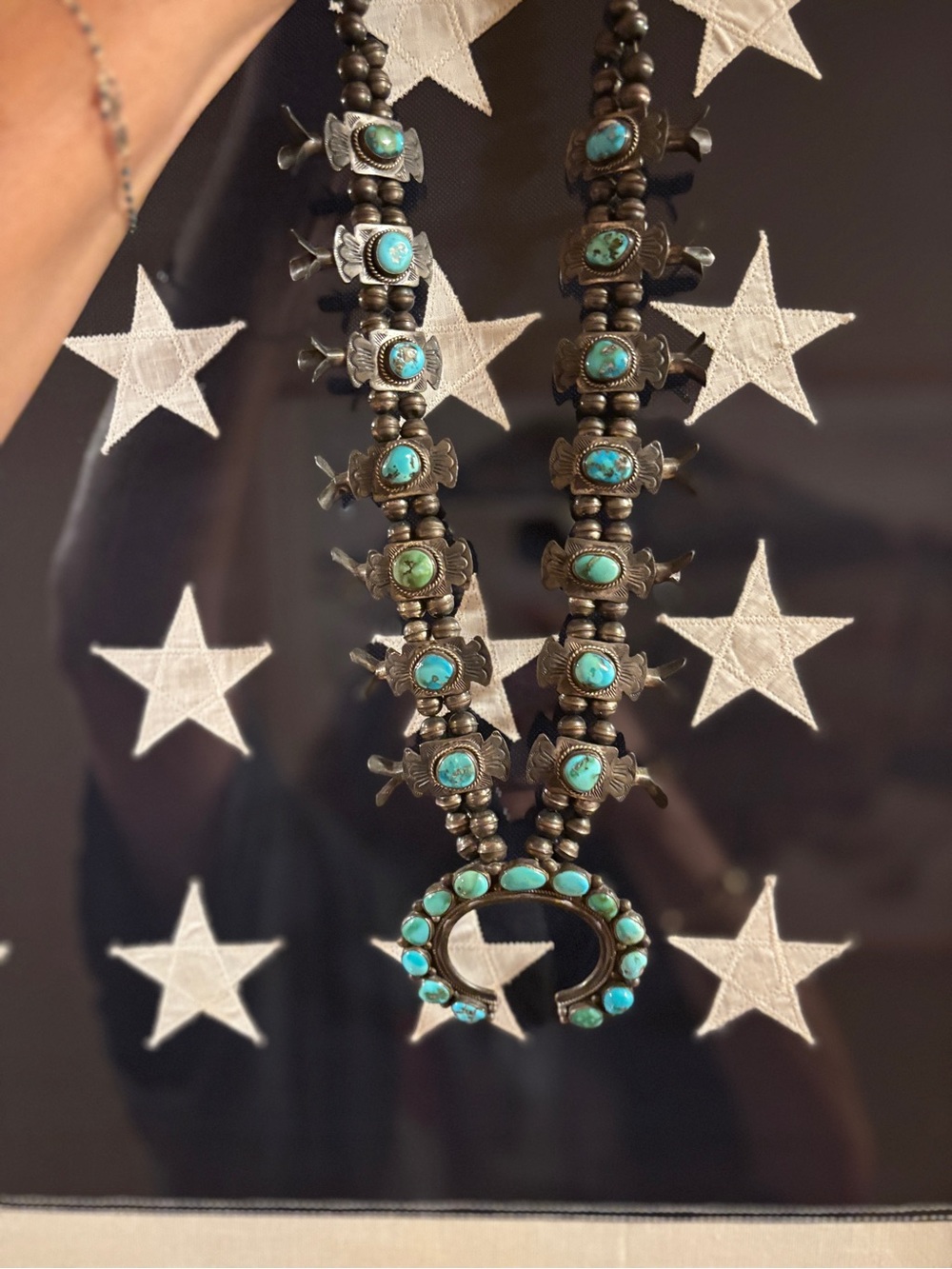 Estate/Vintage exquisite Turquoise and Sterling silver squash Blossom Necklace - Picture 5 of 14